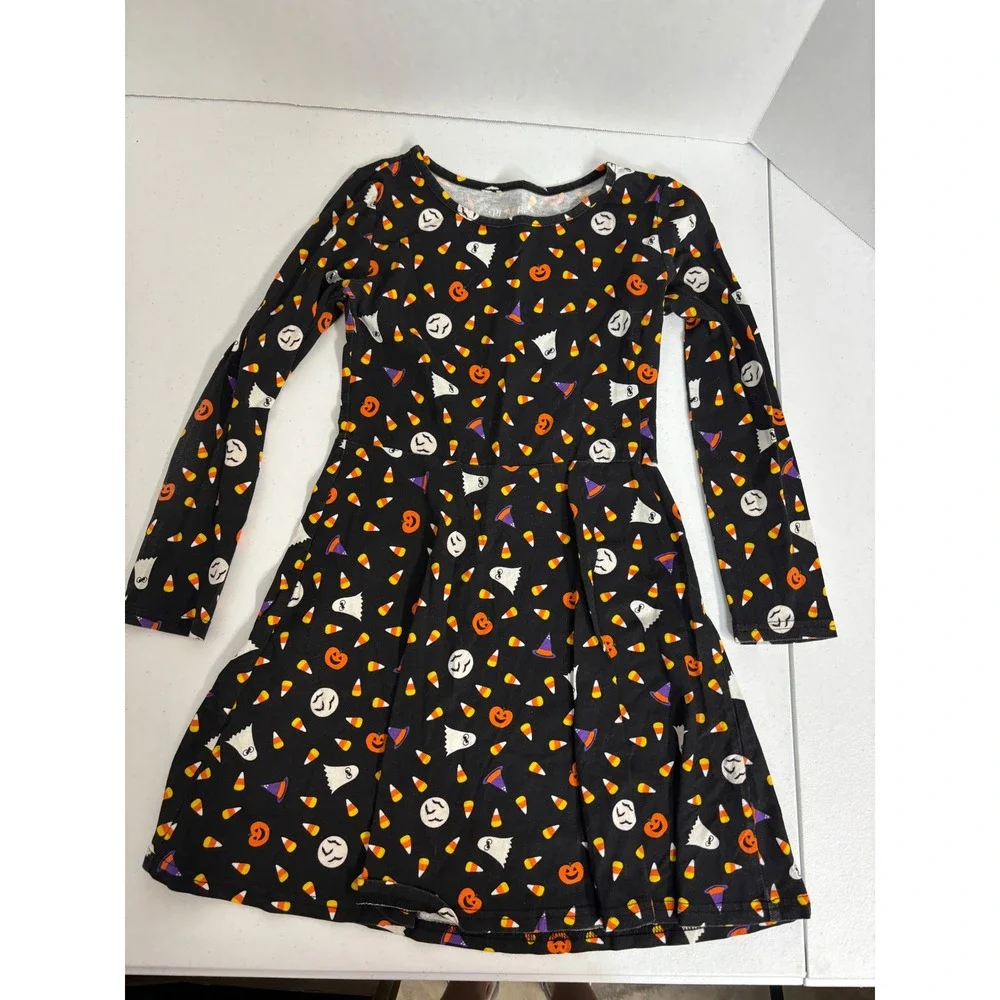 The Childrens Place Girls Halloween Ghost Pumpkin Dress Black Size 7/8